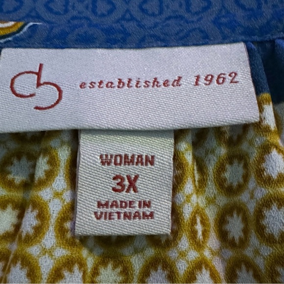 Dressbarn 3X Shirt Top Blue Gold Striped Short Sleeve Scoop Neck Keyhole Sheer - Picture 6 of 8